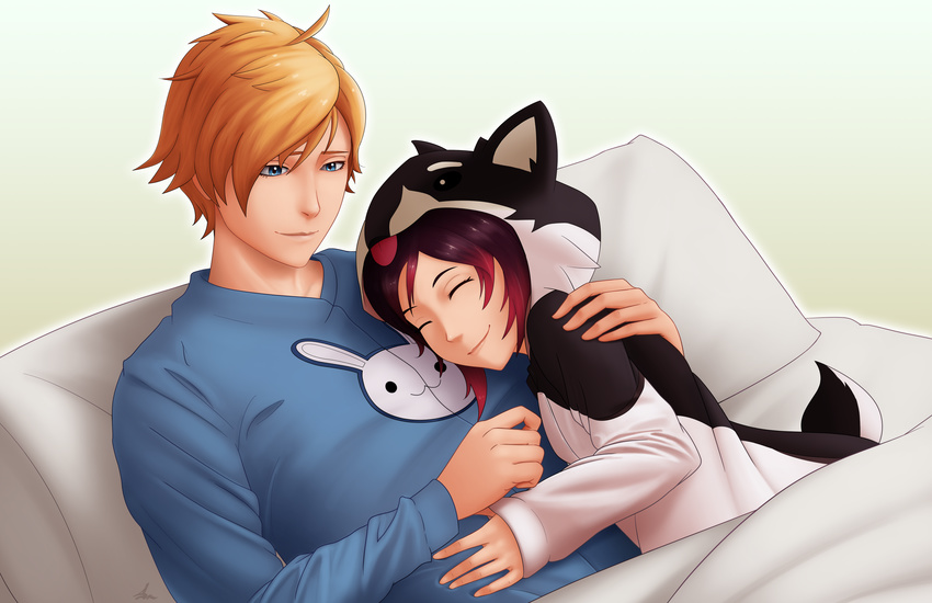 1boy 1girl ahoge blonde_hair blue_eyes hug jaune_arc onesie pillow red_hair ruby_rose rwby scyfon short_hair snuggling two_tone_hair