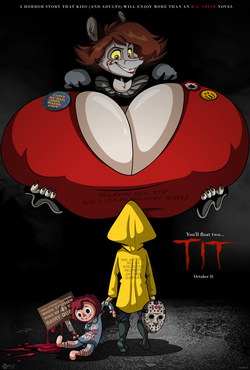 2017 big_breasts blood breast_expansion breasts canadian_flag canine cleavage clothed clothing clown coraline doll english_text female fox friday_the_13th halloween holidays huge_breasts hyper hyper_breasts it knife mammal mask nipple_bulge parody pennywise_the_dancing_clown text wolfjedisamuel