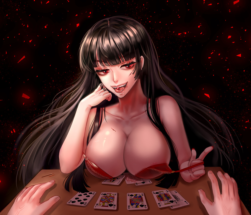 areolae bangs black_background black_hair blcackup blood blunt_bangs bra breasts card collarbone commentary_request cuts desk drooling fingernails glowing glowing_eyes hair_twirling highres hime_cut index_finger_raised injury jabami_yumeko kakegurui large_breasts long_hair nail_polish number open_mouth playing_card red_bra red_eyes red_nails saliva solo_focus spade_(shape) strap_pull strip_game strip_poker underwear veins