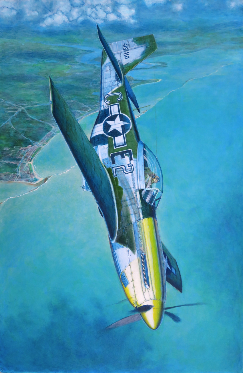absurdres acrylic_paint_(medium) aircraft airplane calligraphy_brush_(medium) city commentary day flying hayashi_toshihiro highres military ocean outdoors p-51_mustang pilot real_life scenery seascape solo traditional_media water