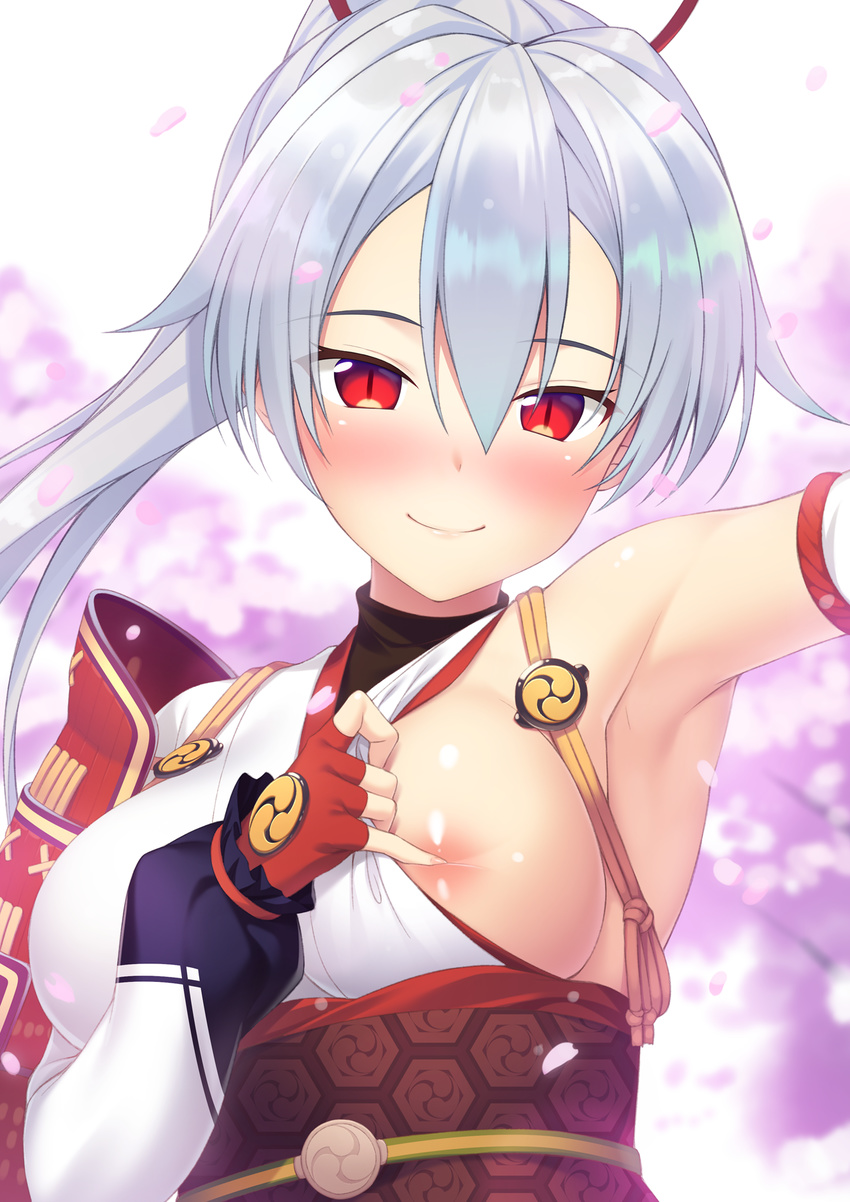 areolae arm_up armor armpits asymmetrical_clothes bare_shoulders blurry blurry_background blush breasts closed_mouth covering_nipples fate/grand_order fate_(series) fingerless_gloves gloves hair_between_eyes highres hinata_nao japanese_armor japanese_clothes kimono large_breasts long_hair long_sleeves looking_at_viewer one_breast_out ponytail red_eyes red_gloves sash shiny shiny_hair shoulder_armor silver_hair slit_pupils smile solo tomoe_gozen_(fate/grand_order) upper_body very_long_hair white_kimono
