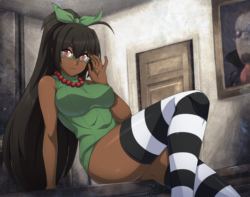ahoge bangs bare_shoulders black_hair borrowed_character bow breasts commission cyron_tanryoku dark_skin desk eyebrows_visible_through_hair frown glasses green-framed_eyewear green_bow hair_bow highres huge_ahoge jewelry large_breasts long_hair looking_at_viewer necklace no_pants on_desk original pearl_necklace ponytail red_eyes semi-rimless_eyewear sitting sleeveless sleeveless_turtleneck solo spike_wible striped striped_legwear thighhighs turtleneck under-rim_eyewear very_dark_skin