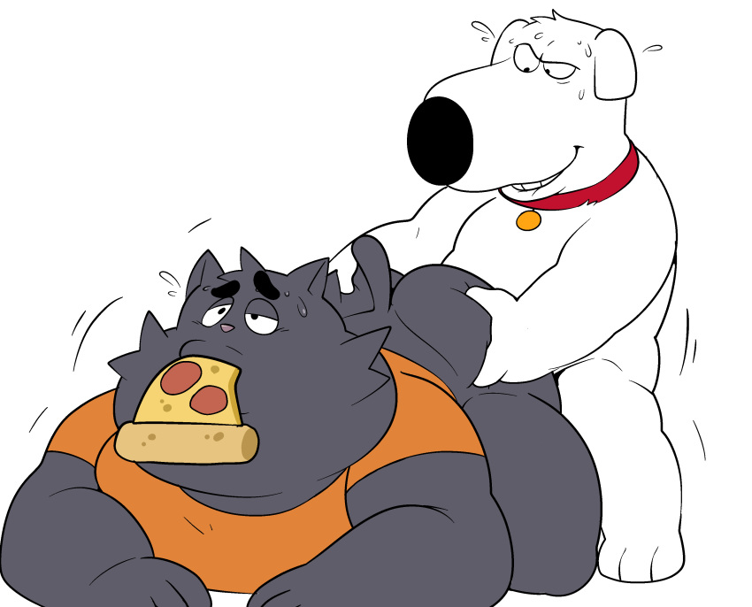 big_butt brian_griffin butt canid canine canis collar domestic_cat domestic_dog eroborus family family_guy felid feline felis food male male/male mammal overweight pizza pooka_(ero) sex sweat