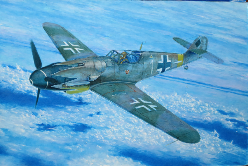 above_clouds absurdres acrylic_paint_(medium) aircraft airplane bf_109 calligraphy_brush_(medium) cloud commentary_request day flying flying_sweatdrops goggles hayashi_toshihiro helmet highres iron_cross military outdoors scenery solo traditional_media