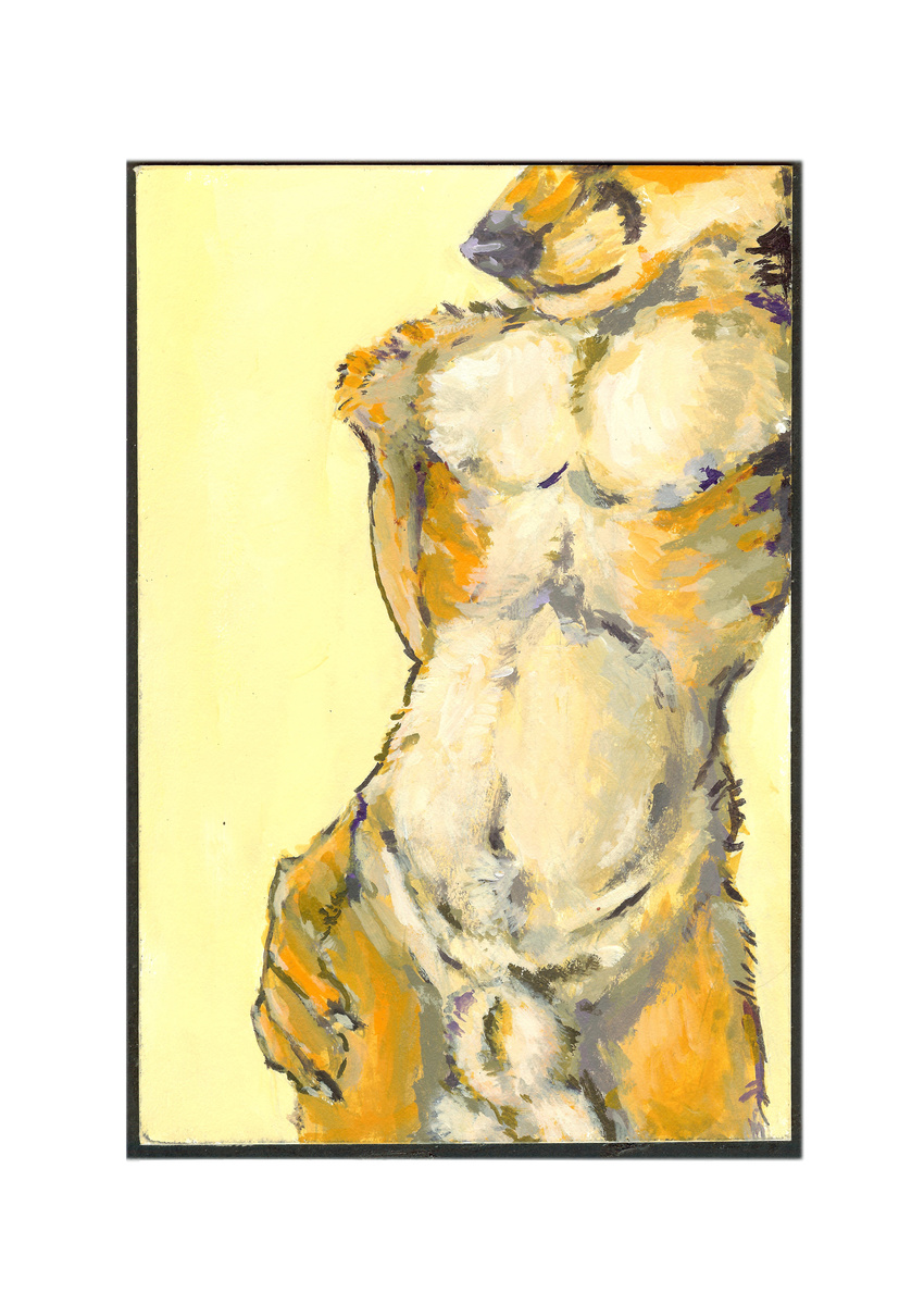 acrylic anthro balls canine cbrn_hyena fox fur male mammal muscular nude penis pinup pose smile solo standing traditional_media_(artwork)