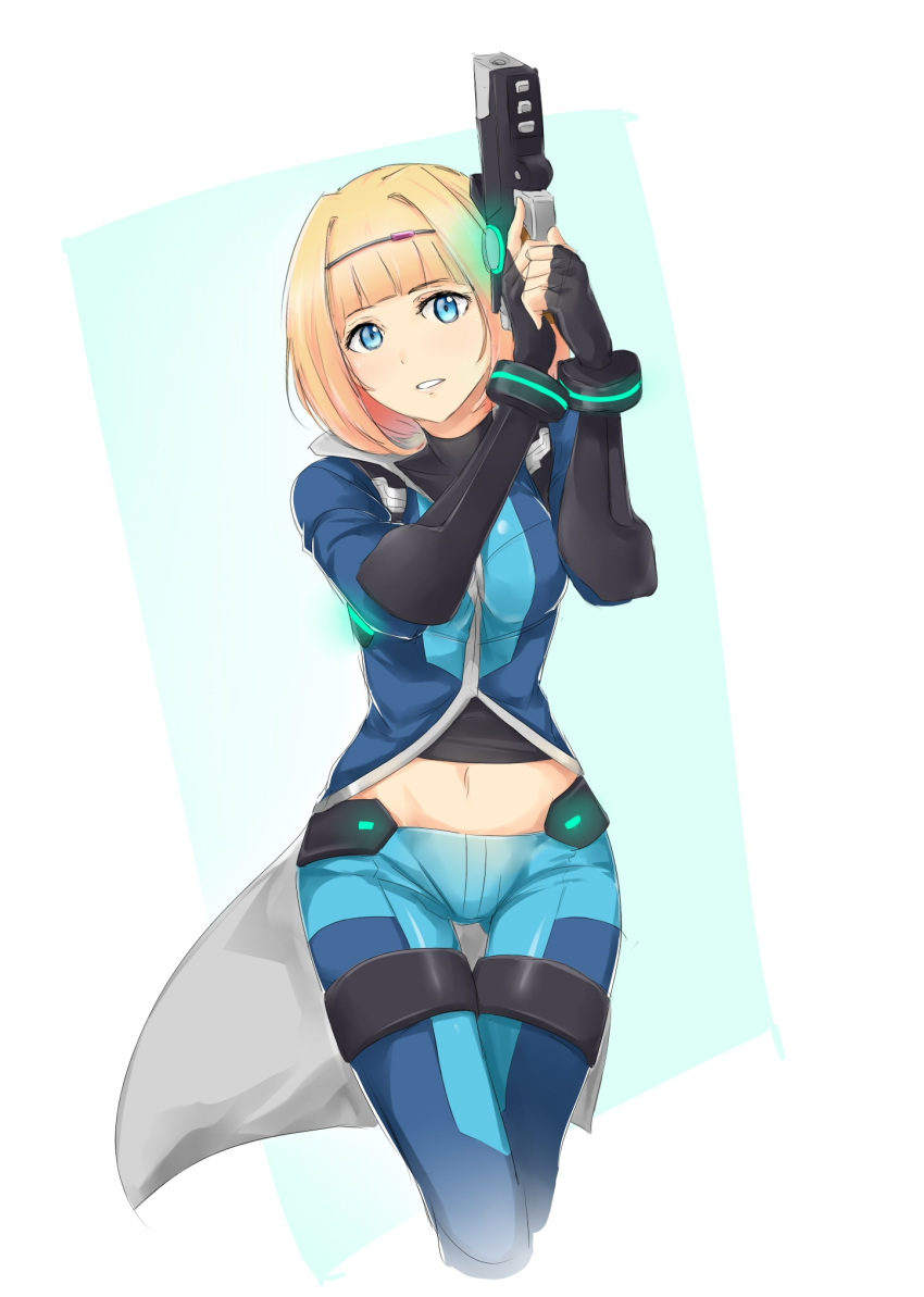 1girl azure_striker_gunvolt bangs black_gloves blonde_hair blue_eyes blue_pants blunt_bangs cosplay cropped_legs fingerless_gloves gloves gun gunvolt gunvolt_(cosplay) hairband heavy_object highres holding holding_gun holding_weapon looking_at_viewer lowleg lowleg_pants midriff milinda_brantini navel pants saruno_(eyesonly712) shiny shiny_clothes short_hair solo stomach weapon