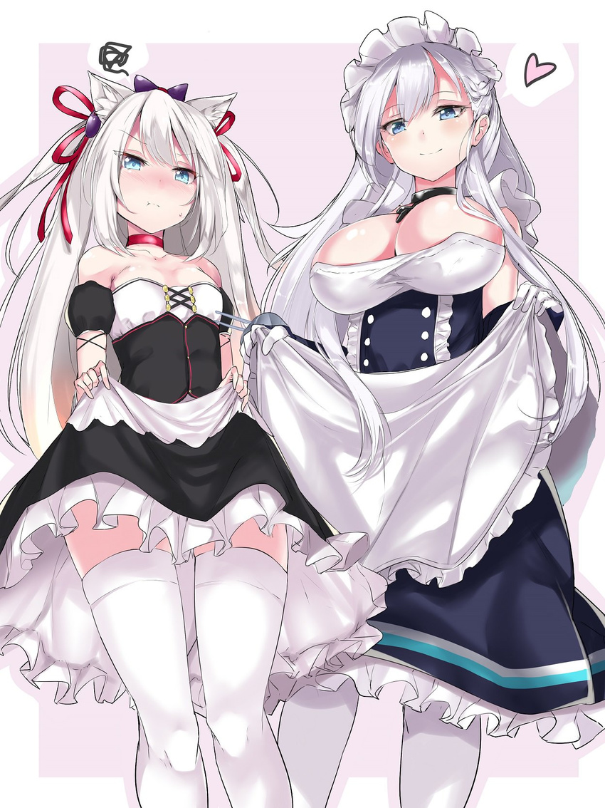 :t animal_ears apron azur_lane bangs bare_shoulders belfast_(azur_lane) black_dress blue_eyes blush bow braid breasts buttons chain choker cleavage collar collarbone commentary_request detached_sleeves dress dress_lift french_braid frilled_skirt frills from_below gloves hair_between_eyes hair_bow hair_ornament hair_ribbon hammann_(azur_lane) heart highres large_breasts lifted_by_self long_hair looking_at_viewer maid maid_apron maid_headdress multiple_girls namuru_(kurinton) pout puffy_short_sleeves puffy_sleeves purple_bow red_ribbon remodel_(azur_lane) ribbon short_sleeves silver_hair simple_background skirt skirt_lift small_breasts smile spoken_heart spoken_squiggle squiggle strapless sweatdrop thighhighs tsurime turret two_side_up upskirt very_long_hair white_gloves white_hair white_legwear