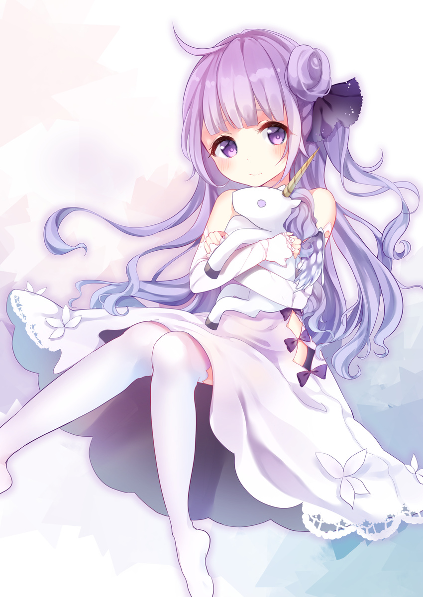 absurdres ahoge azur_lane bangs blunt_bangs blush closed_mouth commentary_request dress highres hoshino_yura knees_together_feet_apart light_smile long_hair looking_at_viewer object_hug over-kneehighs petite purple_eyes purple_hair side_bun sidelocks solo stuffed_unicorn tareme thighhighs unicorn_(azur_lane) very_long_hair wavy_hair white_dress white_legwear