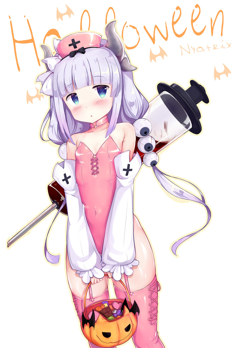 :o artist_name bangs bare_shoulders blood blue_eyes blunt_bangs blush candy choker covered_navel cowboy_shot detached_sleeves eyeball eyebrows_visible_through_hair flat_chest food gradient_hair halloween halloween_basket hat highres holding horns kanna_kamui kobayashi-san_chi_no_maidragon leotard long_hair long_sleeves looking_at_viewer low-tied_long_hair low_twintails multicolored_hair nurse_cap nyatrix parted_lips pink_hair pink_legwear pink_leotard pink_neckwear silver_hair simple_background sleeves_past_wrists solo standing strapless strapless_leotard syringe tareme thighhighs twintails yellow_background