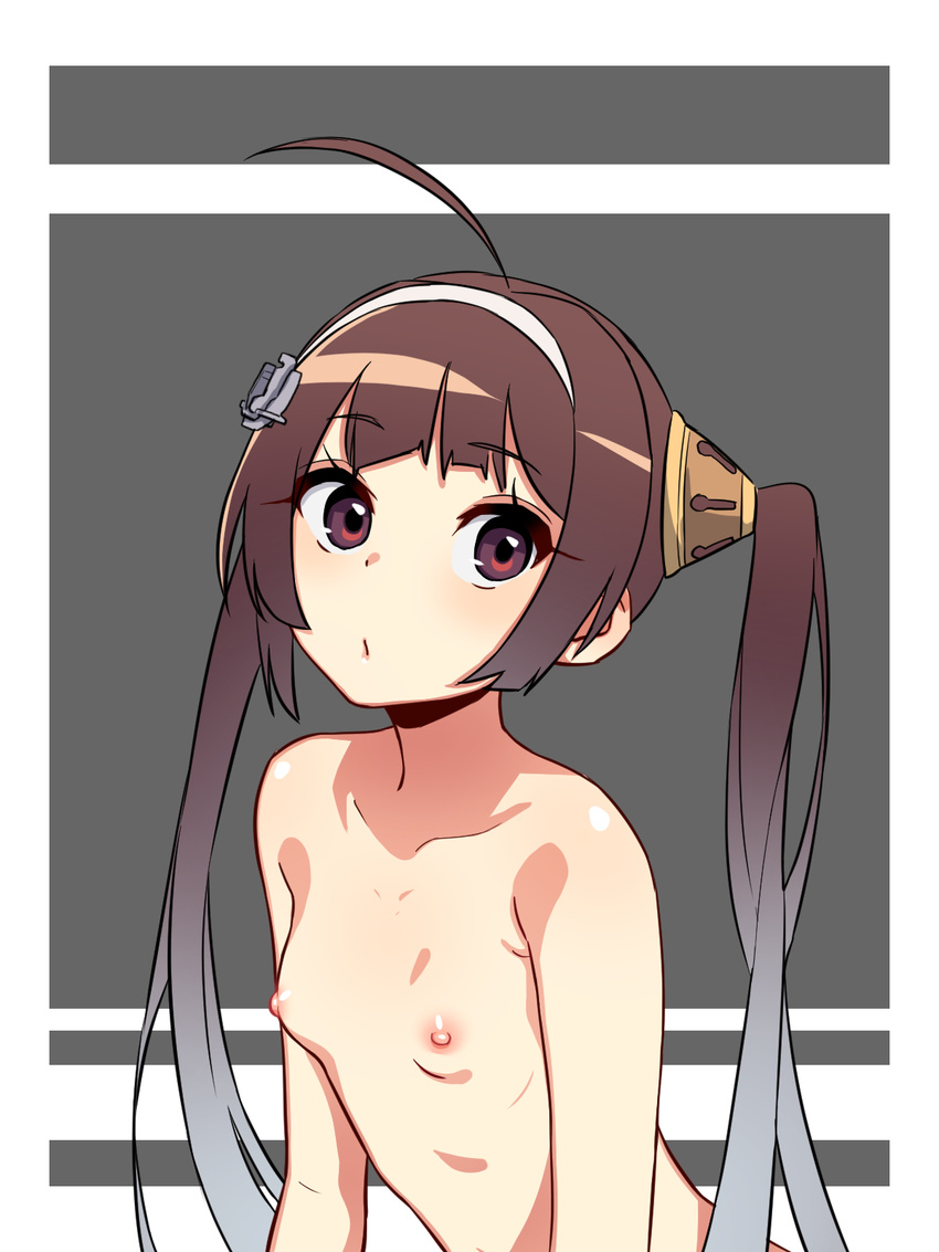 :/ ahoge anchor_hair_ornament azur_lane bangs blush breasts brown_hair closed_mouth collarbone eyebrows_visible_through_hair grey_background hair_ornament hairband hairpods highres ikasumi_(user_gsgn4323) long_hair nezuko nipples nude ping_hai_(azur_lane) red_eyes small_breasts solo tareme twintails two-tone_background upper_body very_long_hair white_hairband