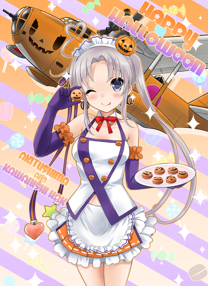 ;) ;p ahoge aircraft airplane akitsushima_(kantai_collection) alternate_color alternate_costume character_name commentary_request cookie earrings elbow_gloves flying_boat food gloves h8k hair_ornament halloween highres holding jack-o'-lantern jewelry kantai_collection long_hair looking_at_viewer maid maid_headdress neko_danshaku nishikitaitei-chan one_eye_closed purple_gloves side_ponytail silver_eyes silver_hair smile tongue tongue_out