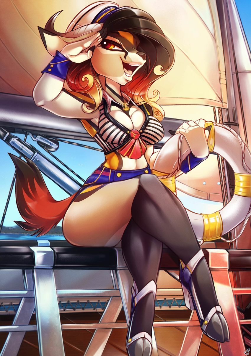 antelope anthro boat breasts cleavage clothed clothing gazelle mammal navy pinup pose salute spirale vehicle wide_hips zahra_(airheart)