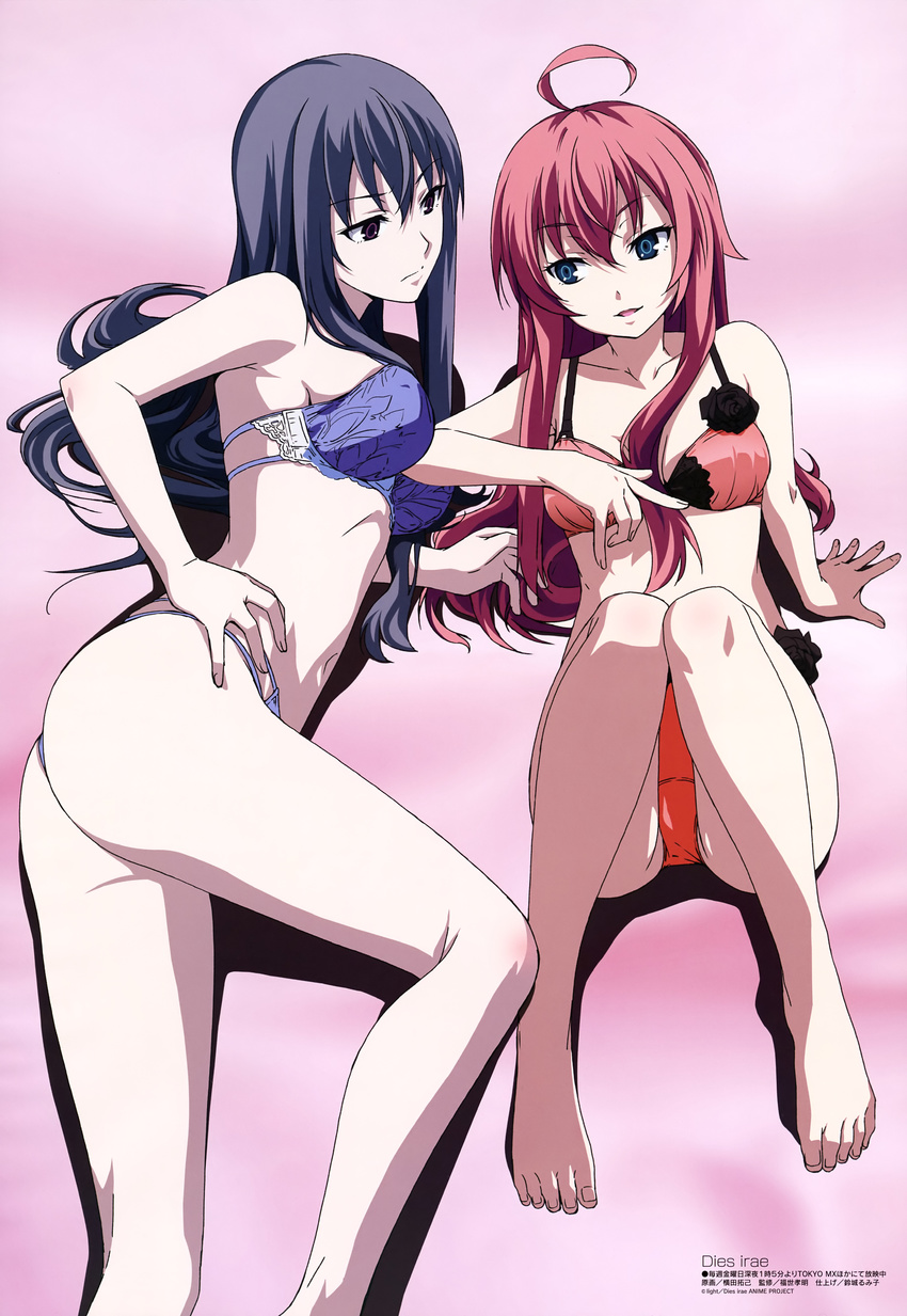 absurdres ahoge arm_support ass barefoot bikini black_hair blue_bikini blue_eyes breasts brown_eyes collarbone copyright_name dies_irae eyebrows_visible_through_hair hair_between_eyes hand_on_hip highres long_hair looking_away lying medium_breasts megami multiple_girls navel on_side orange_bikini pink_background red_hair rusalka_schwagerin sakurai_kei sideboob smile swimsuit yokota_takumi