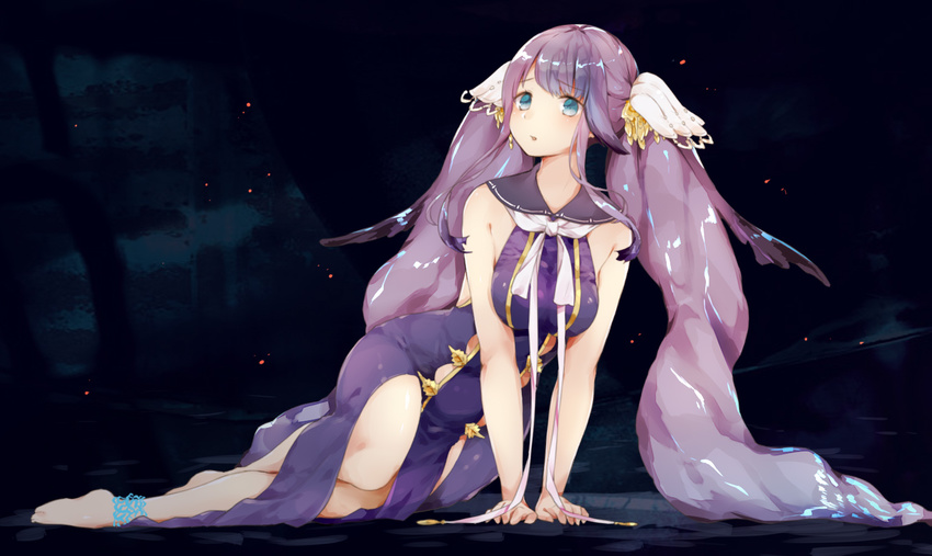 :o anklet arm_support bangs bare_arms barefoot blue_eyes breasts commentary_request dress eyebrows_visible_through_hair full_body hair_ornament jewelry large_breasts long_hair looking_to_the_side manatsuki_manata ningyo_hime_(sinoalice) parted_lips purple_hair sinoalice sitting sleeveless sleeveless_dress solo twintails very_long_hair white_neckwear yokozuwari