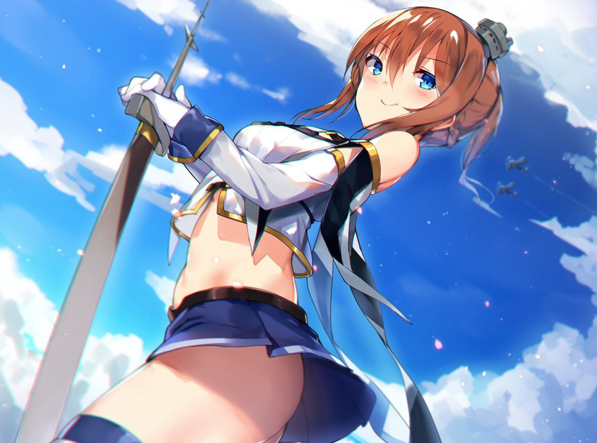 aircraft ass azur_lane bare_shoulders blue_eyes blue_sky blurry braid brown_hair closed_mouth cloud cloudy_sky day detached_sleeves dutch_angle eyebrows_visible_through_hair from_side gloves hair_between_eyes hat long_sleeves looking_at_viewer midriff mini_hat miniskirt orihi_chihiro planted_sword planted_weapon ponytail repulse_(azur_lane) sidelocks skirt sky smile solo sword thighhighs weapon white_gloves