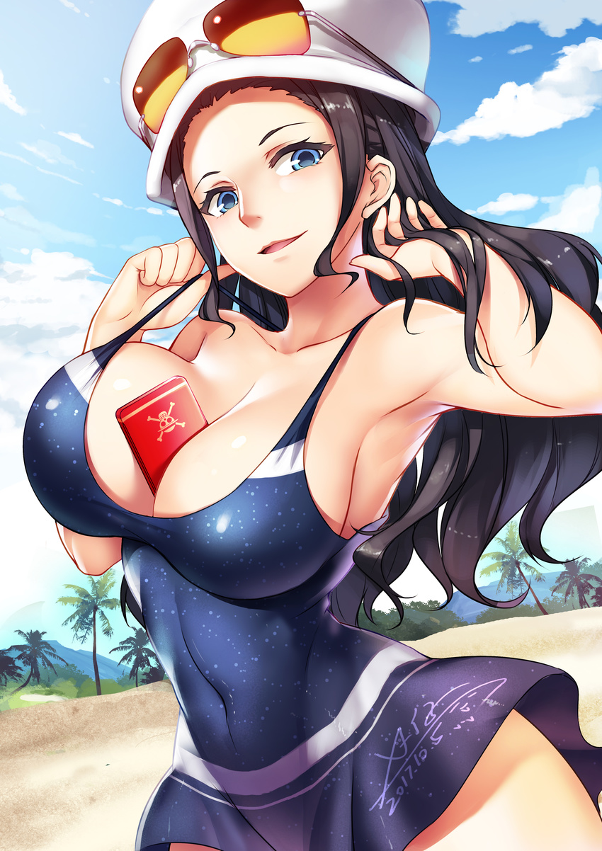2017 absurdres armpits arms_up beach between_breasts black_hair blue_eyes breasts cellphone cleavage cloud cloudy_sky collarbone commentary_request covered_navel cowboy_shot dated day dress eyewear_on_headwear graphite_(medium) hand_in_hair hat highres large_breasts long_hair looking_at_viewer nico_robin one_piece outdoors palms parted_lips phone signature sky smartphone solo spaghetti_strap standing strap_pull swimsuit traditional_media x-boy