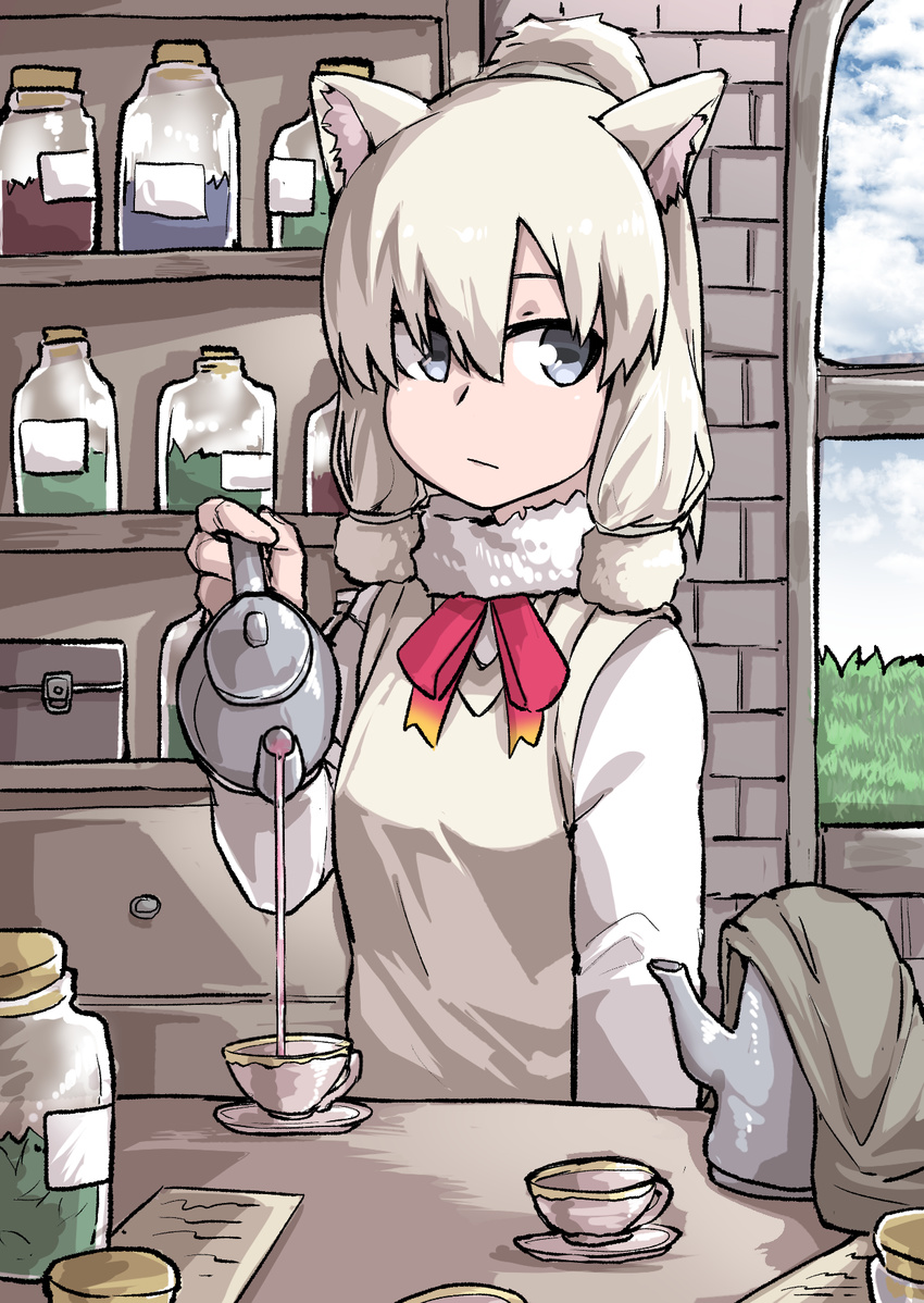 :/ alpaca_ears alpaca_suri_(kemono_friends) animal_ears arm_at_side beige_vest cup day expressionless fur_collar grey_eyes hair_bun hair_tie hand_up highres holding indoors jar kemono_friends long_sleeves looking_to_the_side pouring red_neckwear shell solo standing takoongyi teacup teapot upper_body window