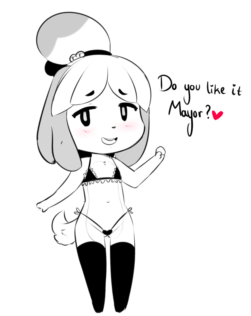 &lt;3 2017 animal_crossing anthro blush bra canine clothed clothing dog english_text female hearlesssoul isabelle_(animal_crossing) legwear looking_at_viewer mammal nintendo open_mouth panties skimpy solo standing stockings text underwear video_games