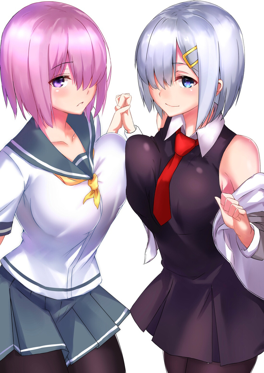 asymmetrical_docking black_dress black_legwear blue_eyes blush breast_press breasts closed_mouth collarbone cosplay costume_switch cowboy_shot crossover dress eyebrows_visible_through_hair fate/grand_order fate_(series) grey_skirt hair_ornament hair_over_one_eye hairclip hamakaze_(kantai_collection) hamakaze_(kantai_collection)_(cosplay) highres holding_hands interlocked_fingers jacket kantai_collection large_breasts long_sleeves look-alike looking_at_viewer mash_kyrielight mash_kyrielight_(cosplay) multiple_girls neckerchief necktie off_shoulder open_clothes open_jacket pantyhose parted_lips pink_hair pleated_skirt purple_eyes red_neckwear school_uniform serafuku shiny shiny_hair shirt short_hair short_sleeves silver_hair simple_background skirt smile spider_apple standing unaligned_breasts white_background white_jacket white_shirt yellow_neckwear
