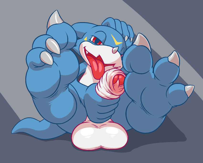 2016 3_toes 5_fingers aliasing anthro balls bedroom_eyes big_balls biped bird's-eye_view blue_horn blue_skin blue_tail claws countershade_face countershade_torso countershading digimon digital_drawing_(artwork) digital_media_(artwork) dragon erection facial_markings feet foot_focus front_view full-length_portrait grey_background half-closed_eyes hand_behind_head high-angle_view holding_penis horn humanoid_feet humanoid_hands humanoid_penis long_foreskin looking_at_viewer lying male markings multicolored_skin nude on_back open_mouth open_smile penis portrait presenting presenting_penis red_eyes red_tongue scalie seductive shadow sharp_teeth simple_background smile soles solo teeth toe_claws toes tongue tongue_out two_tone_skin uncut veemon white_balls white_claws white_countershading white_horn white_penis white_skin yellow_markings yowesephth
