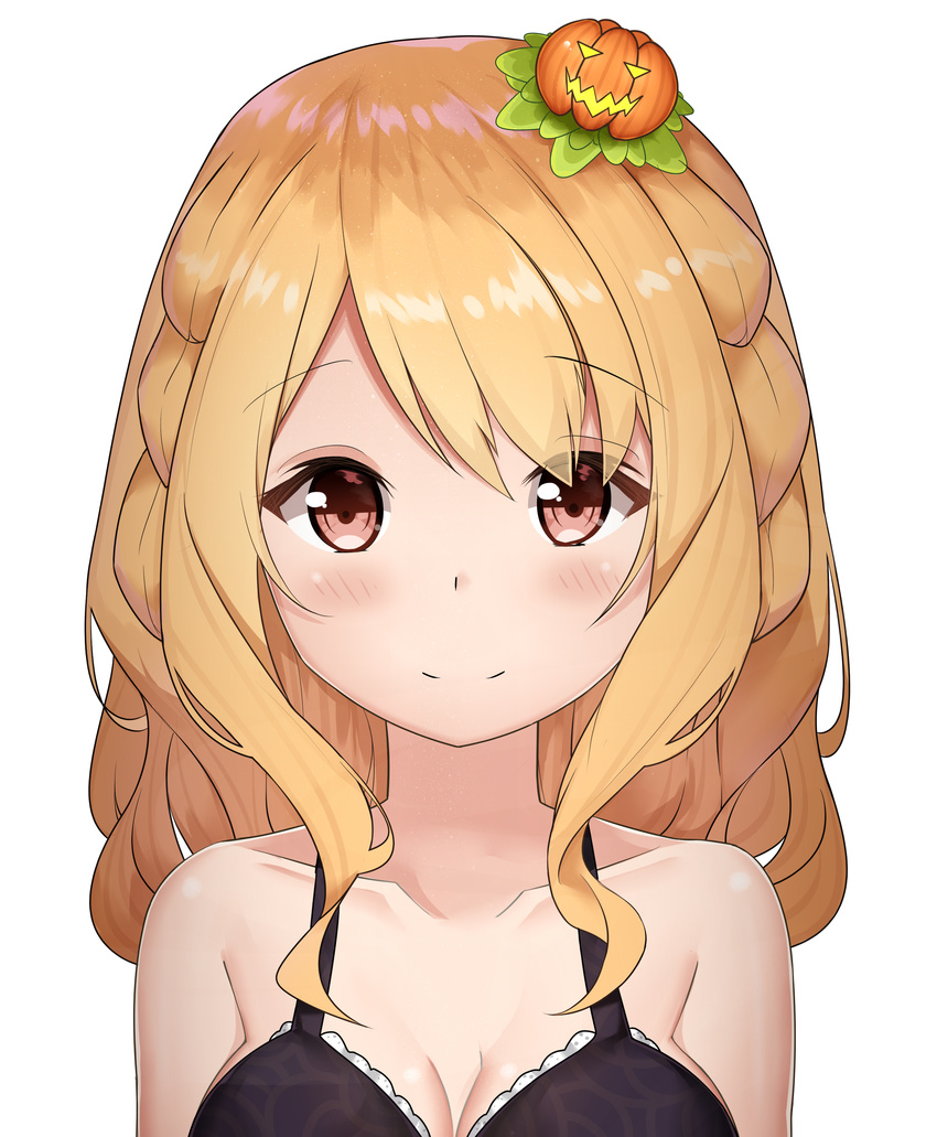 absurdres bad_id bad_pixiv_id bangs bare_shoulders black_bra blush bra breasts cleavage closed_mouth collarbone eyebrows_visible_through_hair food_themed_hair_ornament hair_ornament highres imouto_sae_ireba_ii long_hair looking_at_viewer medium_breasts nagisa_(cxcx5235) pumpkin_hair_ornament red_eyes shirakawa_miyako sidelocks simple_background smile solo swept_bangs tareme underwear underwear_only upper_body white_background