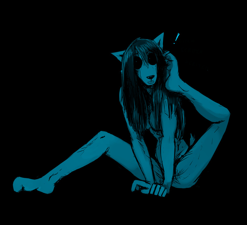 ! anthro black_and_blue black_background black_sclera breasts canine cleavage clothed clothing convenient_censorship dog female ghost ghost_pupper hair hladilnik looking_at_viewer mammal mlem nude possession scratching simple_background solo spirit tongue tongue_out