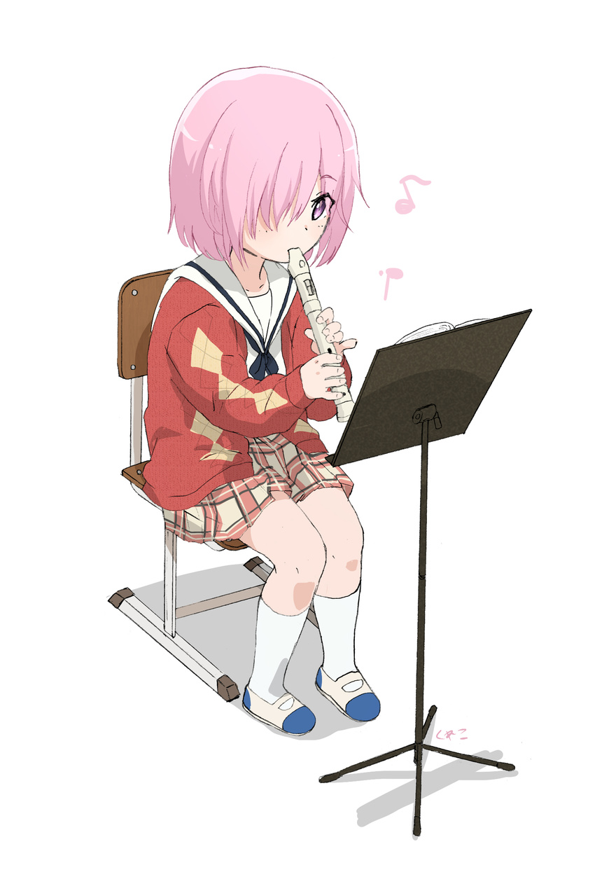 argyle argyle_cardigan blush cardigan chair child commentary eighth_note eyebrows_visible_through_hair fate/grand_order fate_(series) full_body hair_over_one_eye highres holding instrument jacket kneehighs long_sleeves mash_kyrielight music music_stand musical_note open_cardigan open_clothes open_jacket pink_eyes pink_hair plaid plaid_skirt playing_instrument rantyouka recorder red_jacket sailor_collar shoes short_hair simple_background sitting skirt solo uwabaki white_background white_footwear white_legwear younger