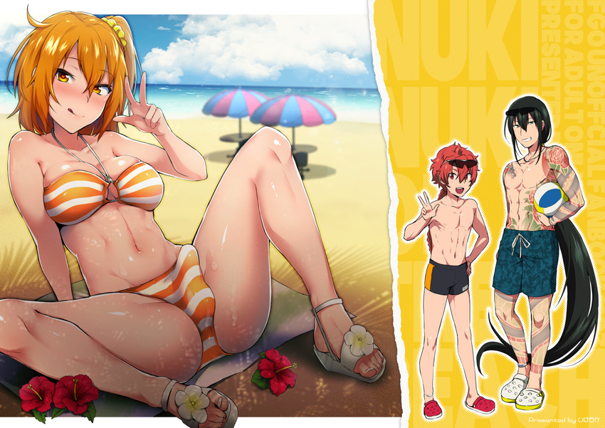 2boys :d :q abs ahoge alexander_(fate/grand_order) arm_support artist_name ball bare_arms bare_legs bare_shoulders beach beach_towel beach_umbrella beach_volleyball bikini blurry breasts brilliant_summer bulge chaldea_beach_volleyball cleavage clogs closed_mouth cloud cloudy_sky commentary_request copyright_name day depth_of_field erection erection_under_clothes eyewear_on_head fate/grand_order fate_(series) flower fujimaru_ritsuka_(female) full_body_tattoo futanari green_hair grin hair_between_eyes hair_ornament hair_scrunchie halterneck heart heart-shaped_pupils hibiscus holding holding_ball horizon ikeshita_moyuko leaning_back long_hair looking_at_viewer male_swimwear medium_breasts multiple_boys navel ocean one_side_up open_mouth orange_bikini orange_eyes orange_hair outdoors red_eyes red_footwear red_hair round_teeth sandals scrunchie shade shiny shiny_skin shirtless short_hair sitting sky smile spread_legs stomach striped striped_bikini sunglasses sweat swim_trunks swimsuit swimwear symbol-shaped_pupils tattoo teeth toes tongue tongue_out towel umbrella v very_long_hair water white_footwear yan_qing_(fate/grand_order) yellow_scrunchie