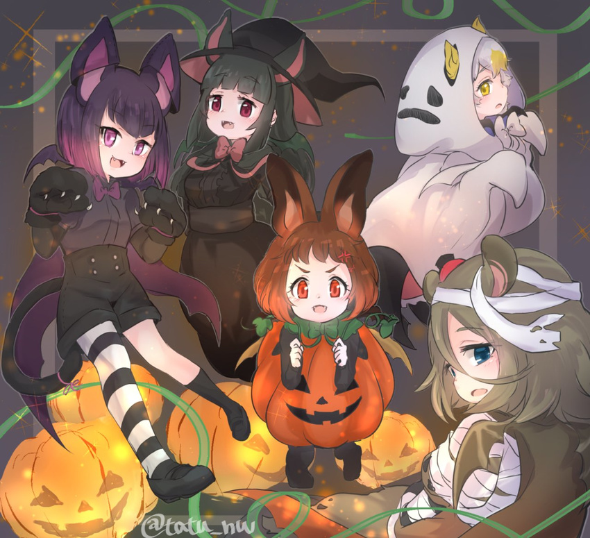 :d anger_vein animal_ears bandages bat_ears bat_wings black_legwear blue_eyes bow bowtie brown_hair brown_long-eared_bat_(kemono_friends) cape cat_ears cat_tail commentary common_vampire_bat_(kemono_friends) ears_through_headwear eyebrows_visible_through_hair fake_animal_ears fangs fraternal_myotis_(kemono_friends) ghost_costume gloves gradient_hair green_hair halloween halloween_costume hat hilgendorf's_tube-nose_bat_(kemono_friends) honduran_white_bat_(kemono_friends) jack-o'-lantern kemono_friends kneehighs long_hair looking_at_viewer mismatched_legwear multicolored_hair multiple_girls open_mouth paw_gloves paws pink_eyes pumpkin_costume purple_hair red_eyes short_hair smile striped striped_legwear tail tatsuno_newo thighhighs twitter_username v-shaped_eyebrows white_hair wings witch_hat yellow_eyes