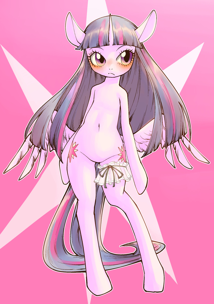 2016 anthro anthrofied blush clothing conbudou cutie_mark digital_media_(artwork) equine feathered_wings feathers featureless_crotch female friendship_is_magic full-length_portrait garter hair hi_res horn lingerie mammal multicolored_hair my_little_pony navel portrait purple_eyes semi-anthro simple_background solo standing twilight_sparkle_(mlp) winged_unicorn wings