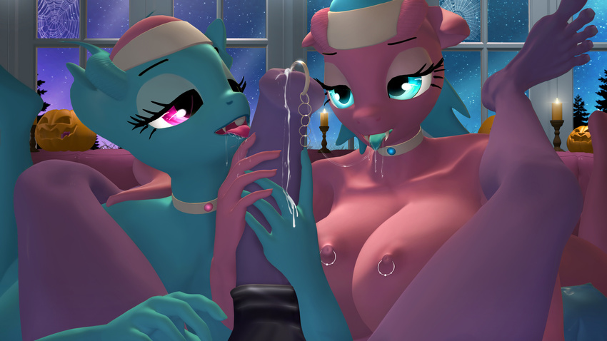 16:9 2017 3d_(artwork) absurd_res aloe_(mlp) animal_genitalia animal_penis anthro anthrofied big_breasts big_penis blue_eyes blue_hair breasts candle collar cum cum_drip detailed_background digital_media_(artwork) dripping drooling equine equine_penis erection feet first_person_view friendship_is_magic genital_piercing glans_piercing group hair half-closed_eyes hi_res horse inside legs_up licking lotus_(mlp) male male_pov mammal moreuselesssource_(artist) my_little_pony nipple_piercing nipples nude oral penis penis_lick penis_piercing piercing pink_eyes pink_hair pony precum saliva sex sky source_filmmaker star starry_sky tongue tongue_out twilight_sparkle_(mlp) window
