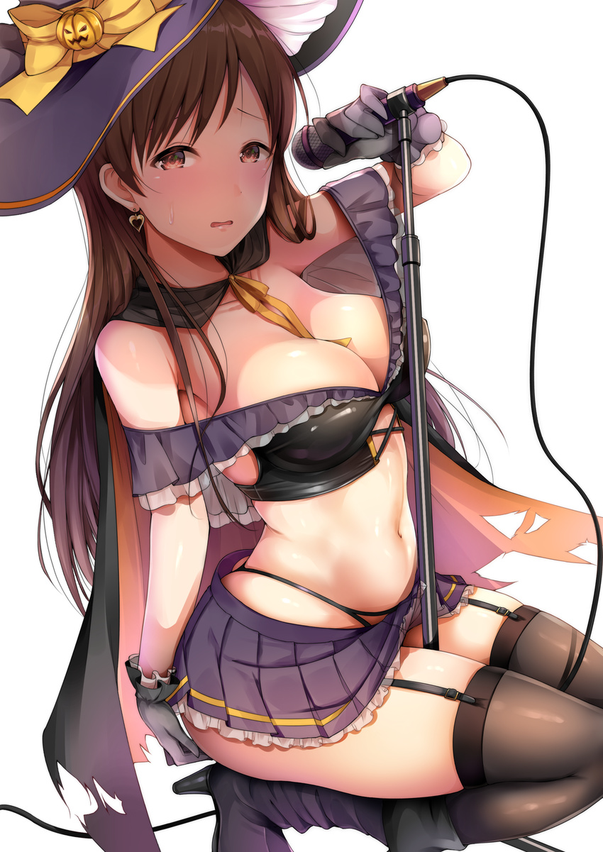 absurdres alternate_costume arm_up armpit_peek bangs banned_artist bare_shoulders between_breasts black_gloves black_legwear black_panties boots breasts brown_eyes brown_hair bustier cape cleavage fay_(fay_axl) garter_straps gloves halloween_costume hat hat_ribbon high_heels highres holding idolmaster idolmaster_cinderella_girls kneeling large_breasts long_hair looking_at_viewer microphone microskirt midriff navel neck_ribbon nitta_minami panties parted_lips pleated_skirt purple_footwear purple_skirt ribbon simple_background skirt solo sweatdrop thighhighs underwear white_background witch_hat yellow_ribbon