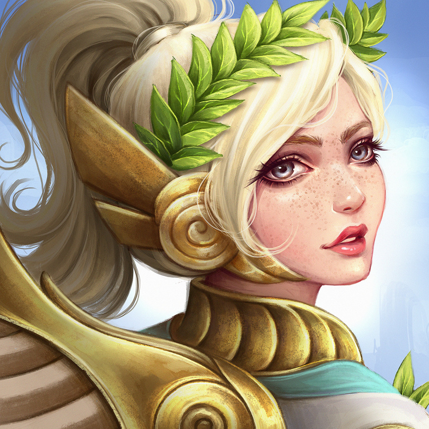 alternate_costume blonde_hair blue_background blue_eyes dress dzydar eyebrows eyelashes feathered_wings freckles from_behind gradient gradient_background head_wreath high_ponytail laurel_crown lips looking_at_viewer looking_back mechanical_wings mercy_(overwatch) nose overwatch parted_lips pink_lips portrait smile solo white_dress winged_victory_mercy wings