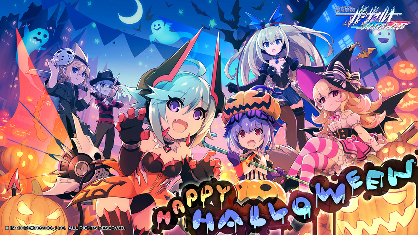 4girls a_nightmare_on_elm_street acura_(gunvolt) azure_striker_gunvolt azure_striker_gunvolt_2 bat blonde_hair broom broom_riding cane claw_pose cosplay fangs freddy_krueger freddy_krueger_(cosplay) friday_the_13th ghost green_hair gunvolt halloween happy_halloween hat hatakeyama_yoshitaka headgear highres hockey_mask jason_voorhees jason_voorhees_(cosplay) joule_(gunvolt) logo long_hair lumen_(gunvolt) machete mechanical_wings multiple_boys multiple_girls mysterious_girl_(gunvolt) night official_art pumpkin pumpkin_hat purple_eyes roro_(gunvolt) short_hair silver_hair wallpaper watermark wings witch witch_hat