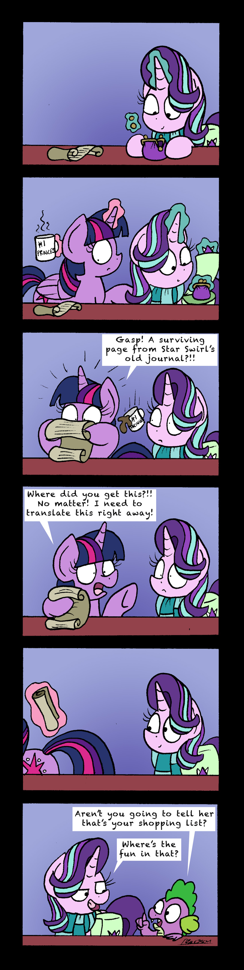 2017 beverage black_border bobthedalek border clothing coffee coffee_mug coin comic cup cutie_mark dialogue dragon english_text equine female friendship_is_magic hair holding_cup hooves horn humor list magic male mammal multicolored_hair my_little_pony open_mouth purse saddle_bag scarf smile spike_(mlp) starlight_glimmer_(mlp) surprise text twilight_sparkle_(mlp) unicorn wide_eyed winged_unicorn wings