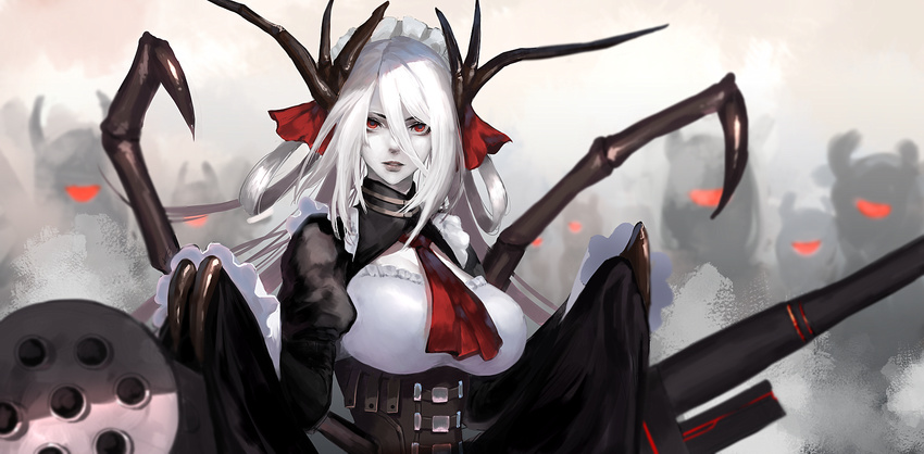 antennae black_dress breasts claws cleavage_cutout commentary_request cravat dress gatling_gun gun hair_between_eyes hair_ornament highres insect_girl kinketsu large_breasts long_hair long_sleeves looking_at_viewer maid maid_headdress monster_girl multiple_arms parted_lips red_eyes red_neckwear sleeves_past_wrists solo_focus spider_girl traditional_media watercolor_(medium) weapon white_hair white_skin