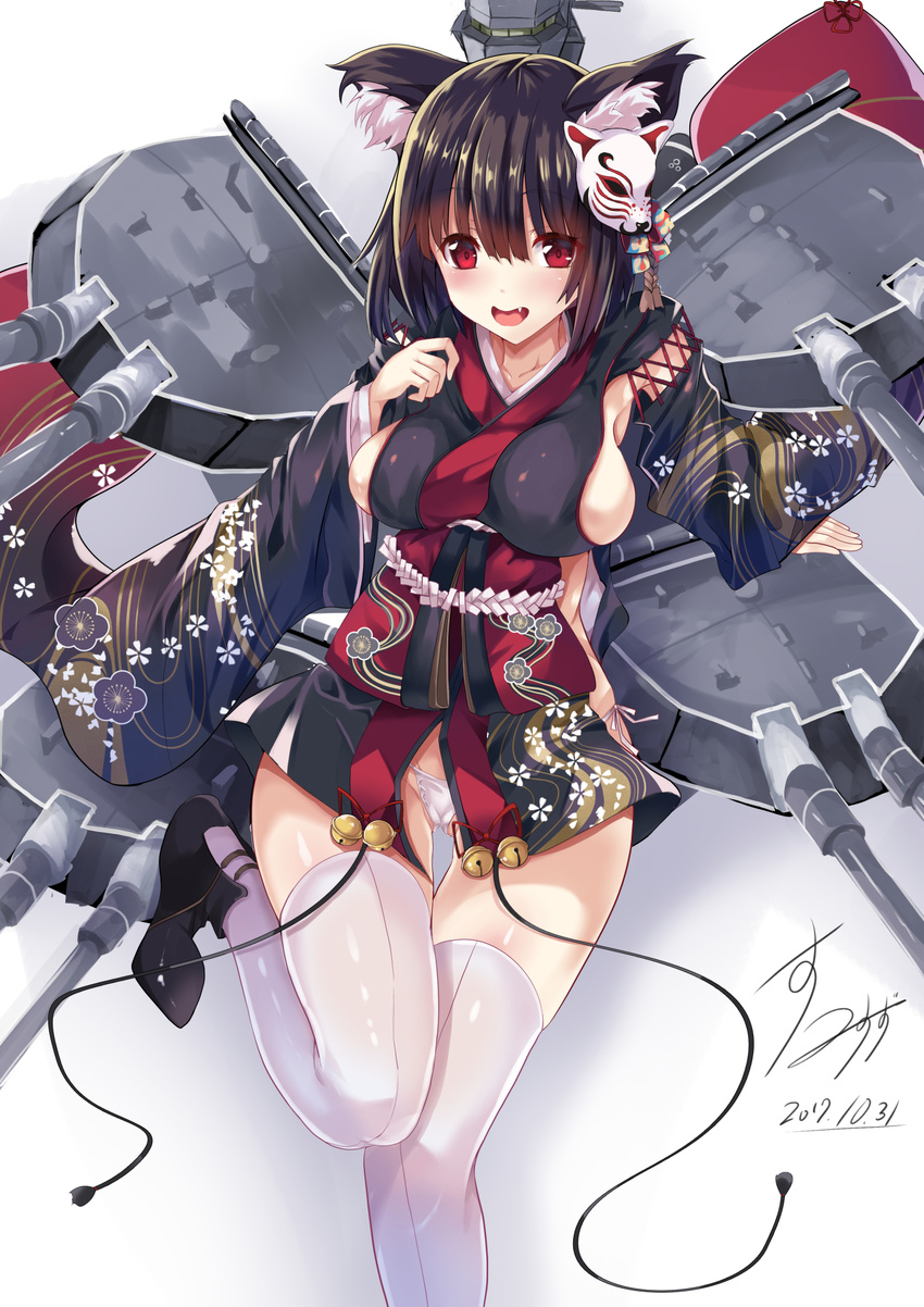 animal_ears artist_name azur_lane bangs black_hair black_kimono blush breasts commentary_request dated eyebrows_visible_through_hair fang floral_print fox_mask hair_ornament highres japanese_clothes kimono large_breasts leg_up looking_at_viewer mask mask_on_head obi open_clothes open_mouth panties red_eyes revision rigging sash short_hair short_kimono sideboob signature smile solo standing standing_on_one_leg sumisuzu thighhighs underwear white_legwear white_panties wide_sleeves yamashiro_(azur_lane)