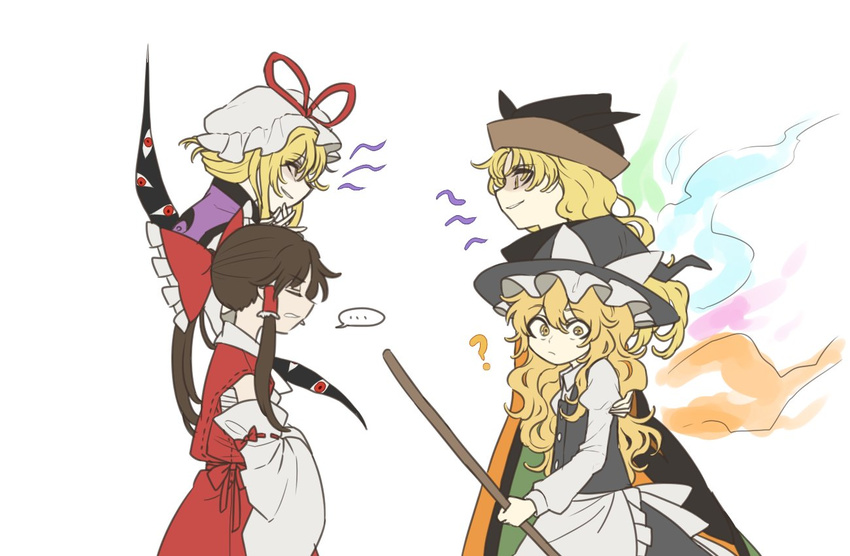 4girls ? alien_(psr992) apron black_hair black_hat blonde_hair bow broom closed_eyes commentary_request detached_sleeves flat_color from_side gap hair_bow hair_tubes hakurei_reimu hat hat_bow hat_ribbon holding juliet_sleeves kirisame_marisa korean_commentary long_hair long_sleeves looking_at_viewer matara_okina messy_hair mob_cap multiple_girls ponytail profile puffy_sleeves red_bow red_ribbon red_skirt ribbon ribbon-trimmed_sleeves ribbon_trim sidelocks simple_background skirt skirt_set spoken_ellipsis tabard touhou vest waist_apron wavy_hair white_background white_bow white_hat witch_hat yakumo_yukari yellow_eyes