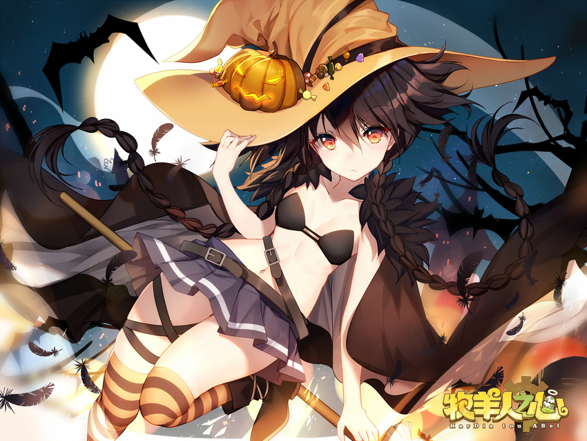 bat belt_buckle bison_cangshu black_hair bra braid breasts breasts_apart broom broom_riding brown_eyes buckle candy character_request chinese_commentary collarbone commentary_request feather_trim feathers food halloween hat highres jack-o'-lantern kardia_tou_abel kneehighs looking_at_viewer moon navel night night_sky pleated_skirt short_hair side_braids sidelocks skindentation skirt sky small_breasts star strapless strapless_bra striped striped_legwear thighhighs twin_braids underwear witch_hat zettai_ryouiki