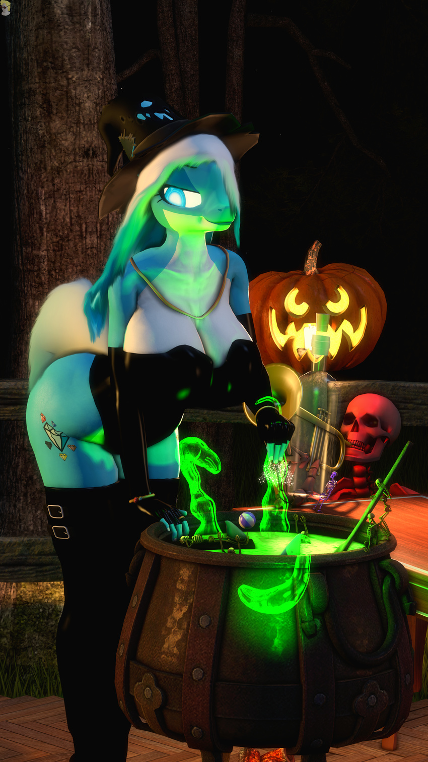 2017 3d_(artwork) anthro armwear bone boots breasts candle clothed clothing digital_media_(artwork) female food footwear fruit gbrushandpaint hair hi_res jewelry leotard magic_user my_little_pony night potion pumpkin rubber skeleton smile source_filmmaker tentacles witch