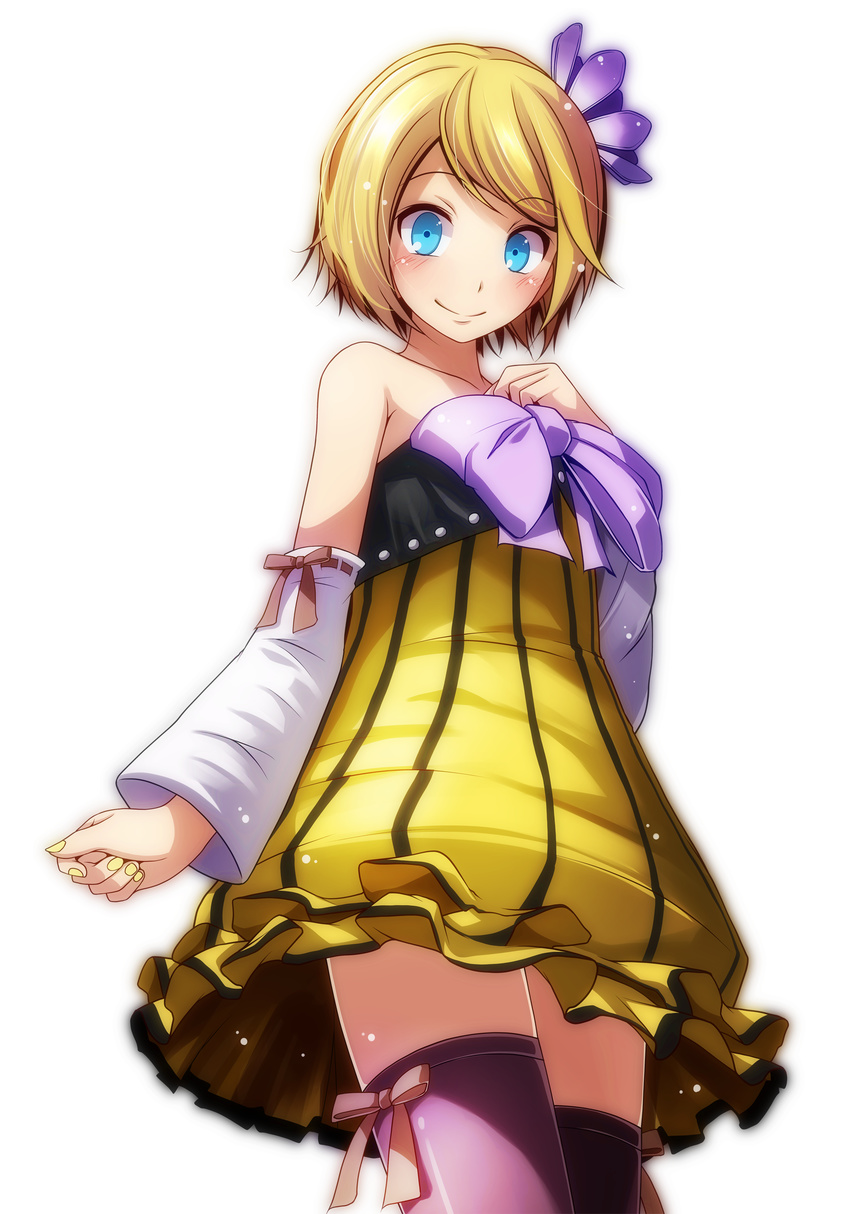 absurdres bare_shoulders blonde_hair blue_eyes blush cheerful_candy_(module) collarbone colorful_x_melody_(vocaloid) cowboy_shot detached_sleeves dress dress_bow flower frilled_dress frills hair_flower hair_ornament hand_on_own_chest highres kagamine_rin looking_at_viewer nail_polish project_diva_(series) project_diva_2nd purple_flower ribbon-trimmed_legwear ribbon-trimmed_sleeves ribbon_trim short_dress short_hair smile solo strapless strapless_dress striped striped_dress thighhighs tsukishiro_saika vocaloid yellow_dress yellow_nails zettai_ryouiki