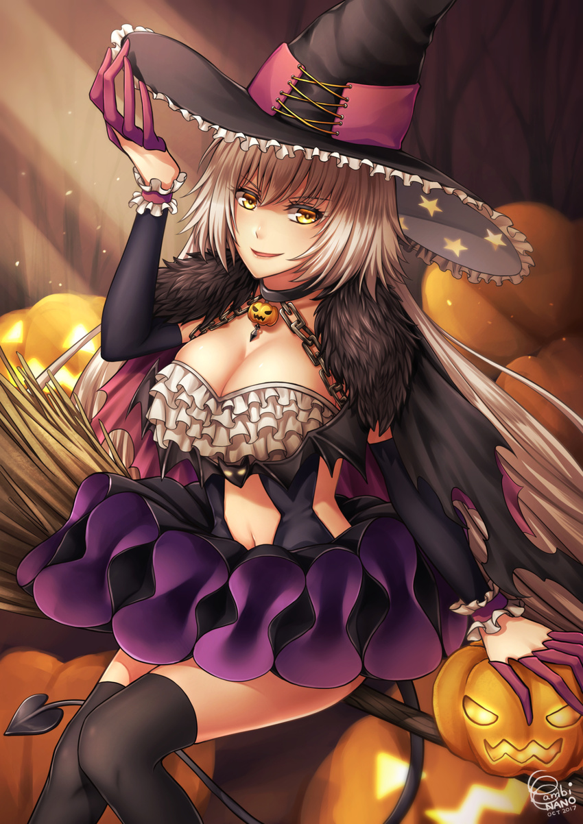 alternate_costume arm_garter bambi_nano breasts broom broom_riding choker cleavage collar dated demon_tail fate/grand_order fate_(series) frilled_skirt frills fur_trim halloween halloween_costume hat highres jack-o'-lantern jeanne_d'arc_(alter)_(fate) jeanne_d'arc_(fate)_(all) large_breasts looking_at_viewer navel navel_cutout pumpkin signature silver_hair skirt smirk solo tail thighhighs witch witch_hat yellow_eyes