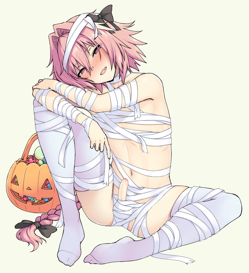 :d astolfo_(fate) bad_revision bag bandages bare_shoulders black_bow blush bow braid bulge candy censored_revision fate/apocrypha fate/grand_order fate_(series) food full_body hair_bow hair_intakes half-closed_eyes halloween_basket head_tilt highres knee_up long_hair looking_at_viewer male_focus md5_mismatch multicolored_hair naked_bandage navel no_pupils no_shoes nose_blush open_mouth otoko_no_ko pas_(paxiti) penis pink_eyes pink_hair simple_background single_braid sitting smile solo spread_legs streaked_hair thighhighs uncensored very_long_hair white_legwear yellow_background