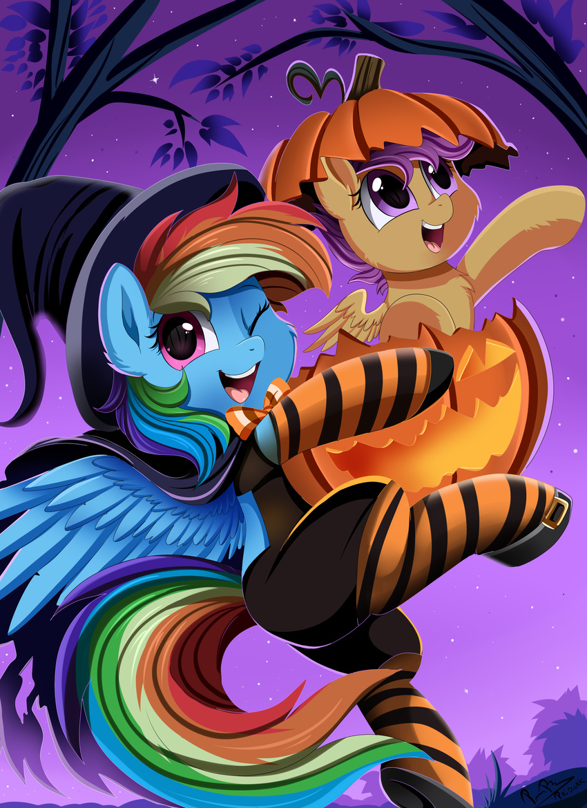 2017 absurd_res clothing duo equine feathered_wings feathers female friendship_is_magic hair halloween hat hi_res holidays mammal multicolored_hair my_little_pony one_eye_closed open_mouth outside pegasus pridark rainbow_dash_(mlp) rainbow_hair scootaloo_(mlp) wings witch_hat young