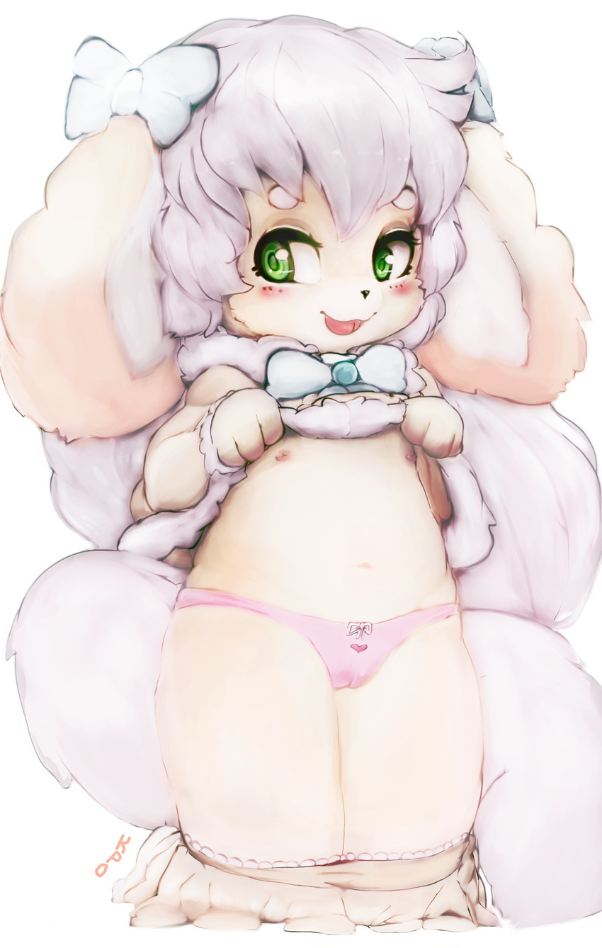 blush canine clothing cub cupckpo dog female flat_chested green_eyes mammal navel panties slightly_chubby solo thick_thighs tongue tongue_out underwear young