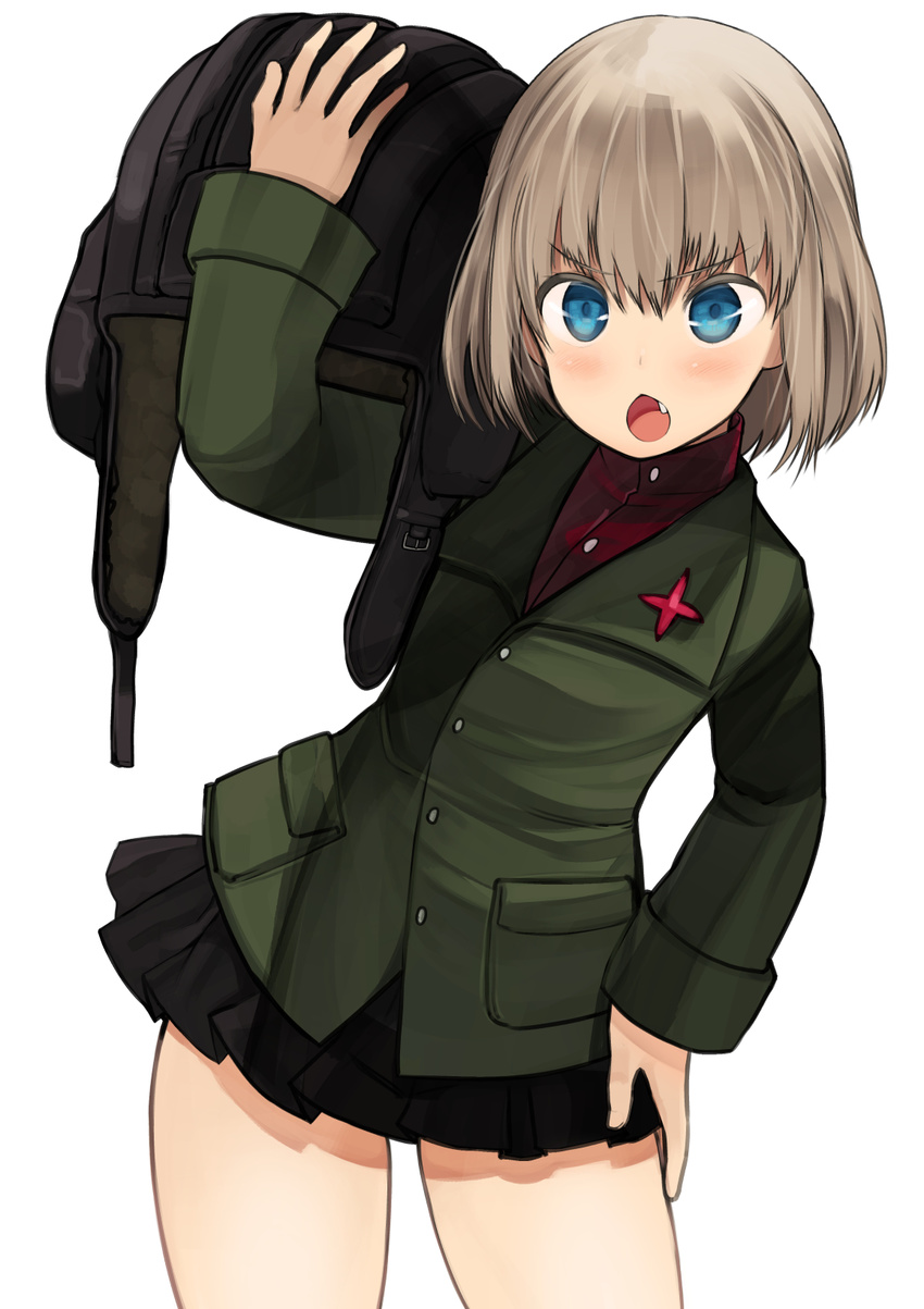 :o bangs black_skirt blonde_hair blue_eyes contrapposto cowboy_shot emblem eyebrows_visible_through_hair fang girls_und_panzer green_jacket hand_on_hip helmet highres holding holding_helmet jacket katyusha leaning_to_the_side long_sleeves looking_at_viewer miniskirt nishiide_kengorou open_mouth pleated_skirt pravda_school_uniform red_shirt school_uniform shirt short_hair simple_background skirt solo standing turtleneck v-shaped_eyebrows white_background