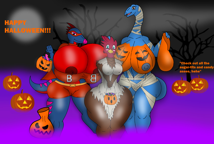 2017 animal_humanoid anthro avian beak big_breasts big_butt bird breasts butt clothed clothing costume digital_media_(artwork) dinobust dinosaur feathers female food fruit ghost halloween holidays huge_breasts huge_butt humanoid hyper hyper_breasts hyper_butt long_neck looking_at_veiwer lucille monster mummy nipples open_mouth pearl(dinobust) pumpkin pussy reptile scalie smile spirit text therapod thick_thighs undead wide_hips zexy