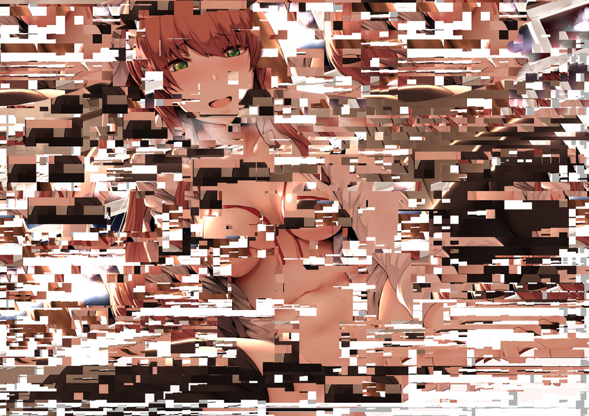 1girl bangs black_legwear blush bottomless bow breasts censored collarbone cowgirl_position doki_doki_literature_club dress_shirt eyebrows_visible_through_hair girl_on_top glitch green_eyes hair_bow hetero hews_hack highres indoors lens_flare looking_at_viewer medium_breasts monika_(doki_doki_literature_club) mosaic_censoring navel nipples open_clothes open_mouth open_shirt paid_reward patreon_reward ponytail pov sex shirt sidelocks smile solo_focus spoilers spread_legs straddling thighhighs thighs what