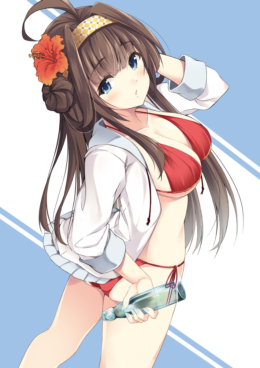 absurdres ahoge arm_up ass bangs bikini blue_eyes blue_nails blunt_bangs blush bottle breasts brown_hair cleavage commentary_request cowboy_shot drawstring flower from_above hair_bun hair_flower hair_ornament hairband hand_in_hair hazuki_gyokuto hibiscus highres holding holding_bottle jacket kantai_collection kongou_(kantai_collection) legs_apart long_hair long_sleeves looking_at_viewer looking_up medium_breasts nail_polish open_clothes open_jacket ramune red_bikini red_ribbon ribbon side-tie_bikini side_bun sidelocks solo standing swimsuit thighs twisted_torso two-tone_background underboob white_jacket