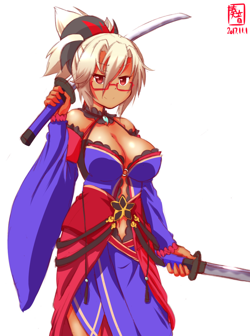 &gt;:) alternate_costume alternate_hairstyle breasts brown_eyes cleavage collarbone commentary_request cosplay dark_skin detached_sleeves dual_wielding fate/grand_order fate_(series) glasses hair_ornament highres holding kanon_(kurogane_knights) kantai_collection katana large_breasts long_hair looking_at_viewer magatama miyamoto_musashi_(fate/grand_order) miyamoto_musashi_(fate/grand_order)_(cosplay) musashi_(kantai_collection) namesake navel ponytail silver_hair simple_background smile solo sword v-shaped_eyebrows weapon white_background